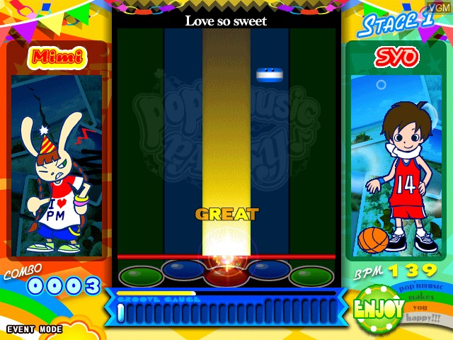 In-game screen of the game Pop'n Music 16 Party on Konami Bemani PC Type