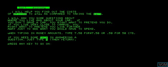 Title screen of the game Bart Economy on Commodore PET