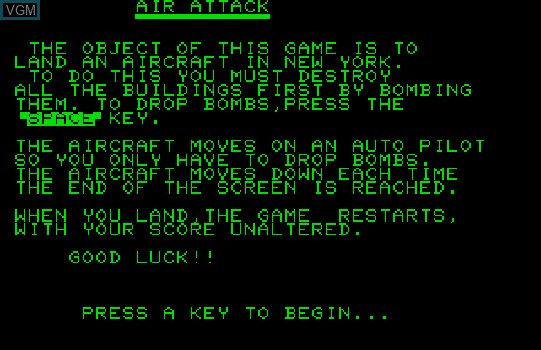Title screen of the game Air Attack on Commodore PET