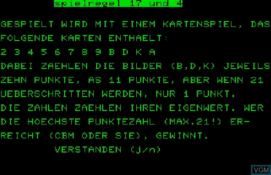 Menu screen of the game 17 und 04 on Commodore PET