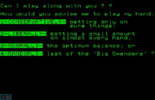 Menu screen of the game Acey Deucy on Commodore PET