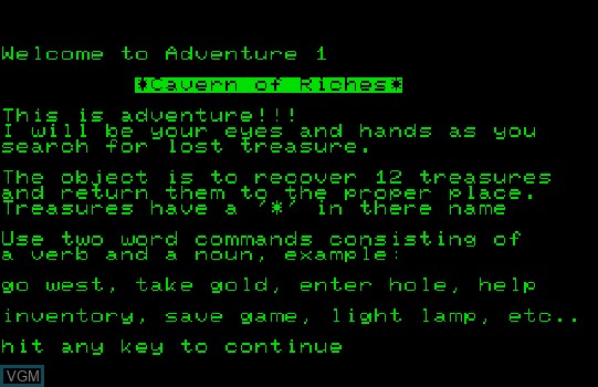 Menu screen of the game Adventure 1 - Cavern of Riches on Commodore PET