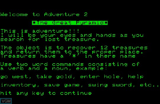Menu screen of the game Adventure 2 - The Great Pyramid on Commodore PET