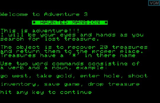 Menu screen of the game Adventure 3 - Haunted Mansion on Commodore PET