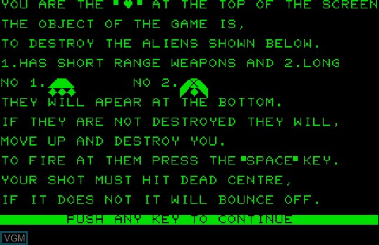 Menu screen of the game Alien Attack on Commodore PET