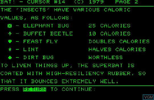 Menu screen of the game Bat! on Commodore PET