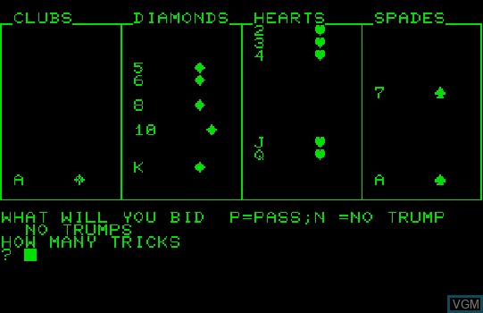 In-game screen of the game Bridge Bidding Trainer on Commodore PET