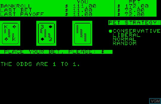 In-game screen of the game Acey Deucy on Commodore PET