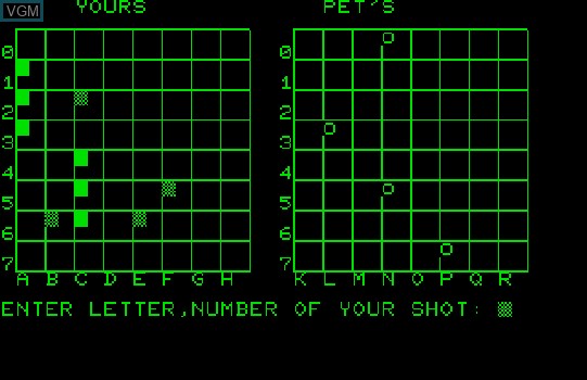 In-game screen of the game Battleship on Commodore PET