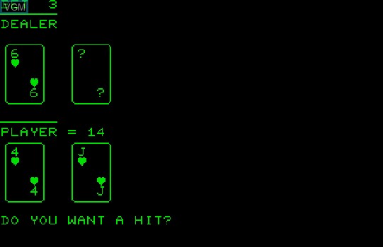 In-game screen of the game Bjack on Commodore PET
