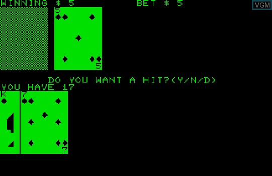 In-game screen of the game Blackjack on Commodore PET