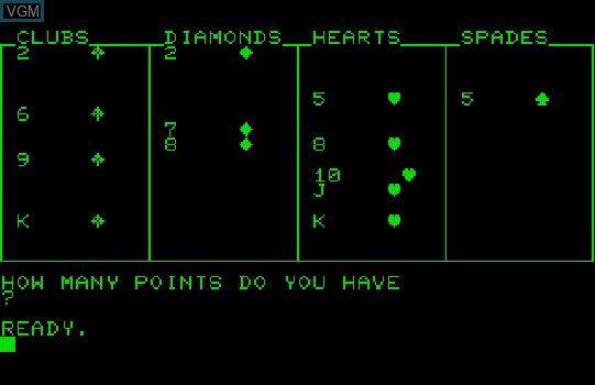 In-game screen of the game Bridge Bidding Trainer on Commodore PET