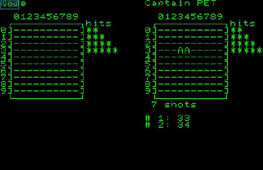 In-game screen of the game BShip on Commodore PET