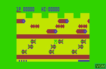 In-game screen of the game Frogger on Gakken Compact Vision TV Boy