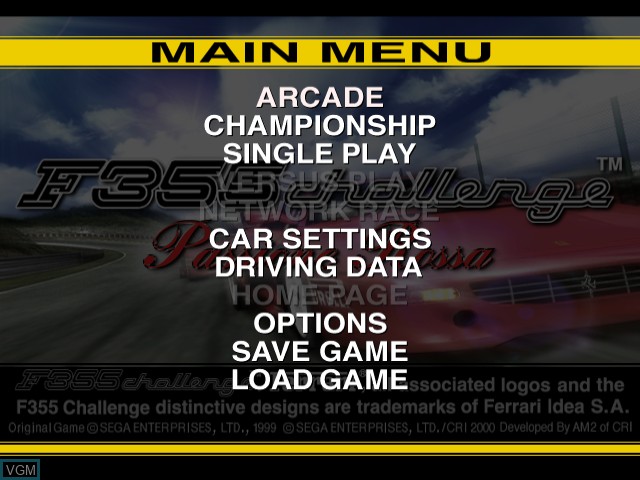 Menu screen of the game F355 Challenge - Passione Rossa on Sega Dreamcast