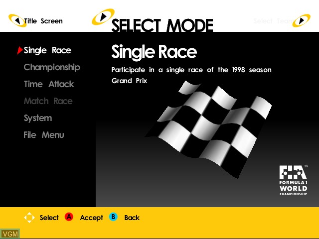 Menu screen of the game F1 World Grand Prix on Sega Dreamcast