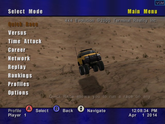 Menu screen of the game 4x4 Evolution on Sega Dreamcast