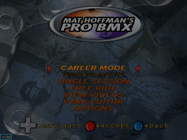 Menu screen of the game Mat Hoffman's Pro BMX on Sega Dreamcast
