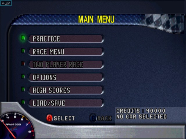 Menu screen of the game Test Drive 6 on Sega Dreamcast