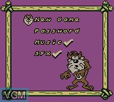 Menu screen of the game Tasmanian Devil - Munching Madness on Nintendo Game Boy Color