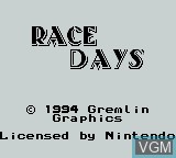 Title screen of the game Race Days on Nintendo Game Boy