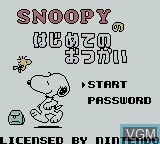 Title screen of the game Snoopy no Hajimete no Otsukai on Nintendo Game Boy