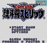 Title screen of the game Contra Spirits on Nintendo Game Boy
