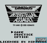 Title screen of the game Gradius - The Interstellar Assault on Nintendo Game Boy