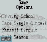 Menu screen of the game Nigel Mansell's World Championship '93 on Nintendo Game Boy