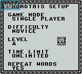 Menu screen of the game Wordtris on Nintendo Game Boy