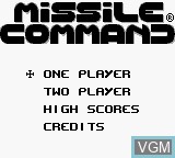 Menu screen of the game Missile Command on Nintendo Game Boy