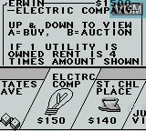 In-game screen of the game Monopoly on Nintendo Game Boy
