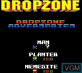 Title screen of the game Dropzone on Sega Game Gear
