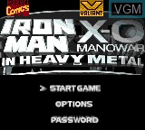 Title screen of the game Iron Man / X-O Manowar in Heavy Metal on Sega Game Gear