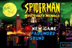 Title screen of the game Spider-Man - Mysterio's Menace on Nintendo GameBoy Advance