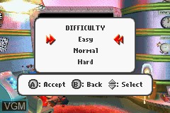 Menu screen of the game Adventures of Jimmy Neutron Boy Genius vs. Jimmy Negatron, The on Nintendo GameBoy Advance