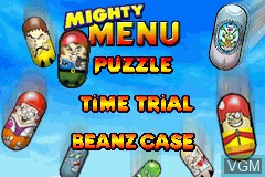 Menu screen of the game Mighty Beanz - Pocket Puzzles on Nintendo GameBoy Advance
