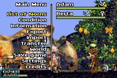 Menu screen of the game Creatures on Nintendo GameBoy Advance