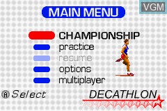 Menu screen of the game FILA Decathlon on Nintendo GameBoy Advance