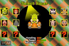 Menu screen of the game Shrek Swamp Kart Speedway on Nintendo GameBoy Advance