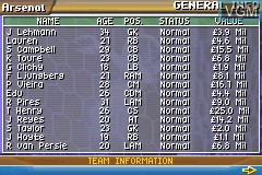 In-game screen of the game Premier Manager 2004-2005 on Nintendo GameBoy Advance