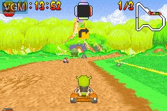In-game screen of the game Shrek Swamp Kart Speedway on Nintendo GameBoy Advance