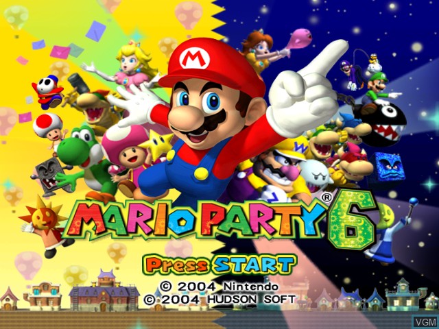Title screen of the game Mario Party 6 on Nintendo GameCube