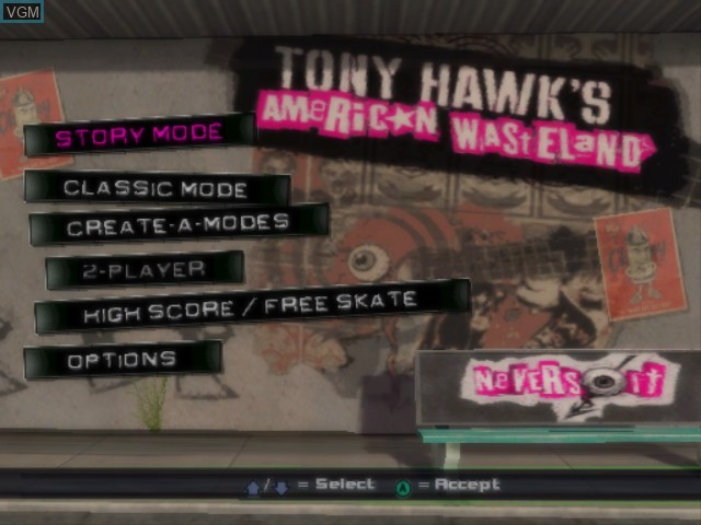 Title screen of the game Tony Hawk's American Wasteland on Nintendo GameCube
