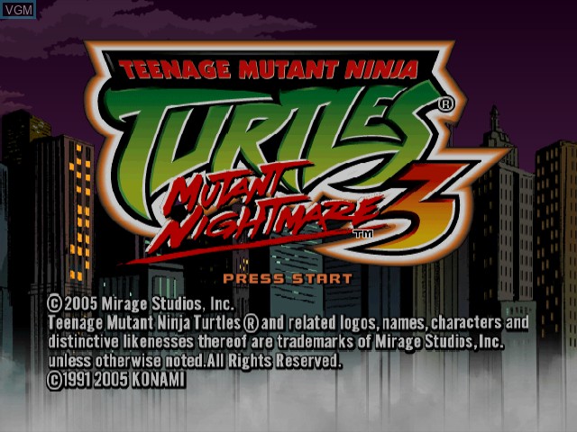 Title screen of the game Teenage Mutant Ninja Turtles 3 - Mutant Nightmare on Nintendo GameCube