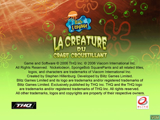 Title screen of the game Bob l'Éponge - La Créature du Crabe Croustillant on Nintendo GameCube
