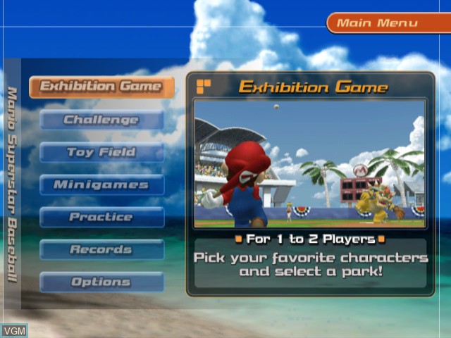Menu screen of the game Mario Superstar Baseball on Nintendo GameCube