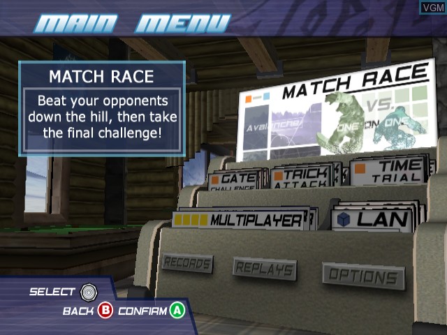 Menu screen of the game 1080° Avalanche on Nintendo GameCube