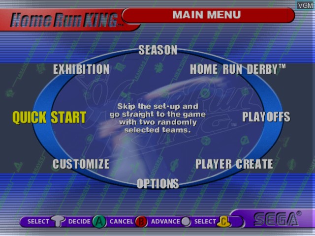Menu screen of the game Home Run King on Nintendo GameCube