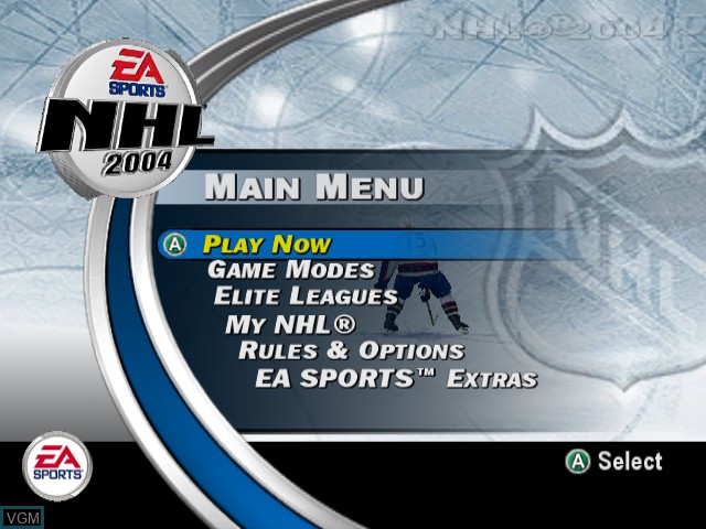 Menu screen of the game NHL 2004 on Nintendo GameCube